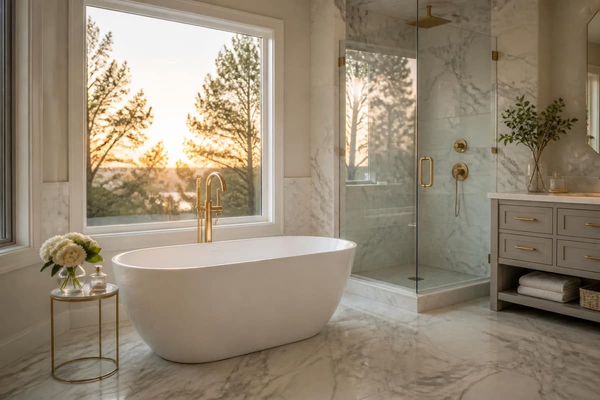 Primary bathroom with freestanding tub and marble tile