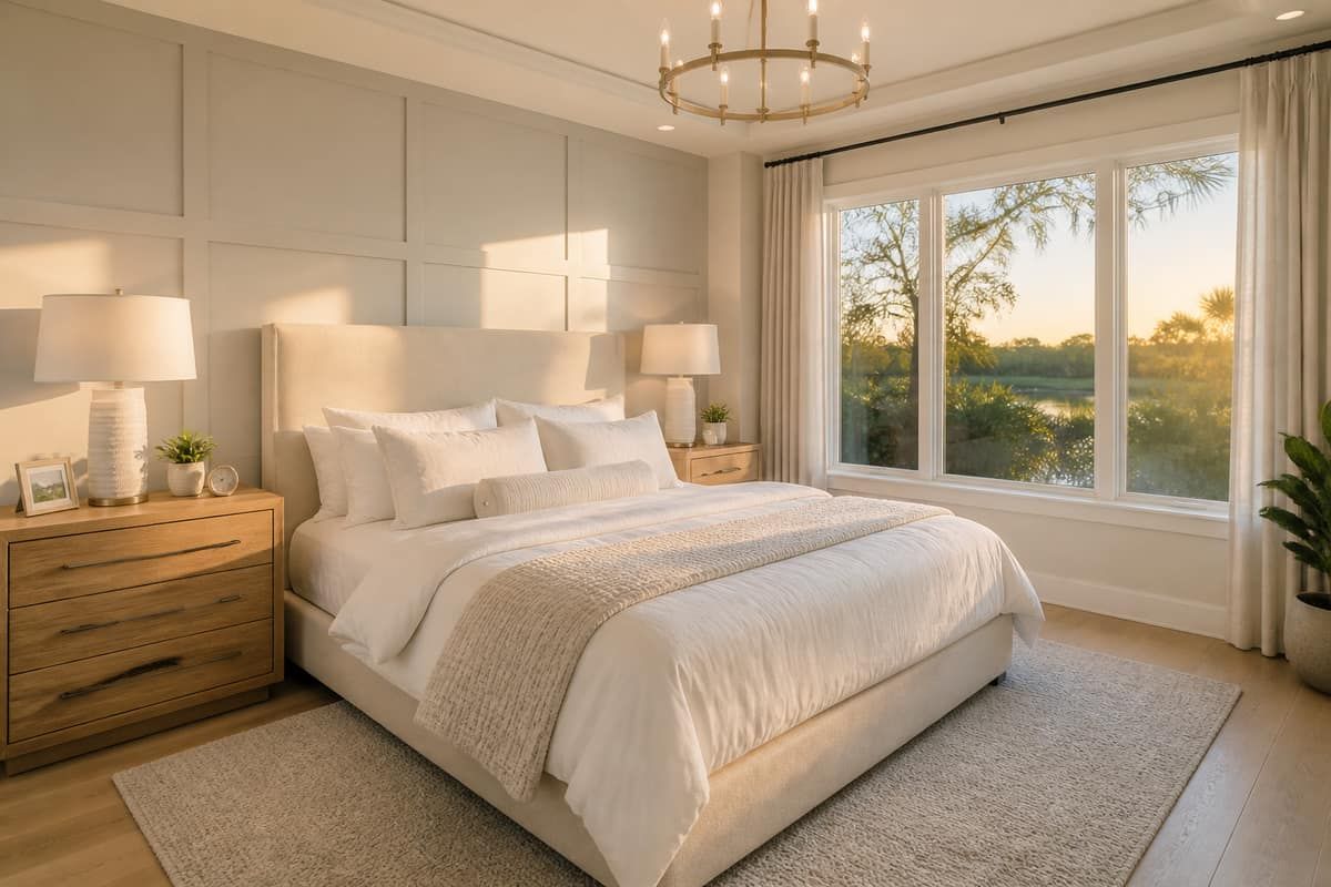 Staged primary bedroom with white linens and oak nightstands