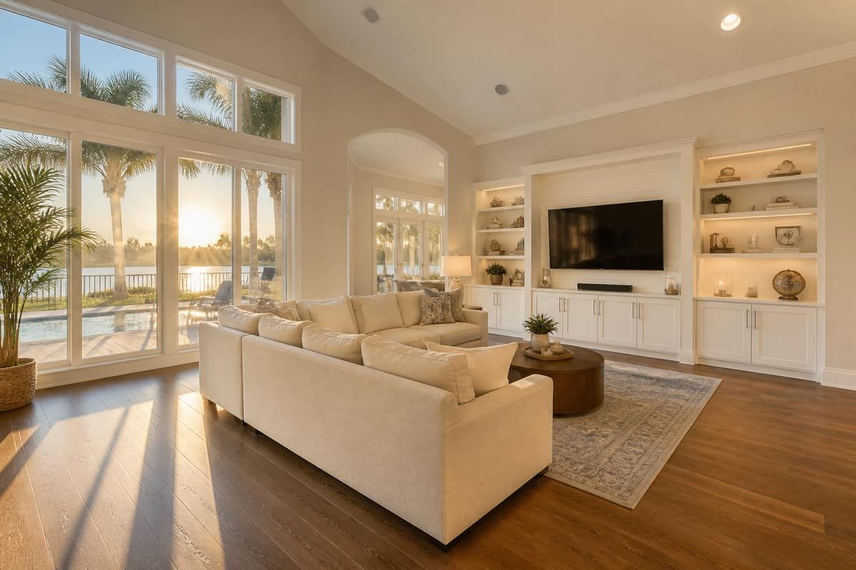 Sunlit great room with vaulted ceiling and staged seating