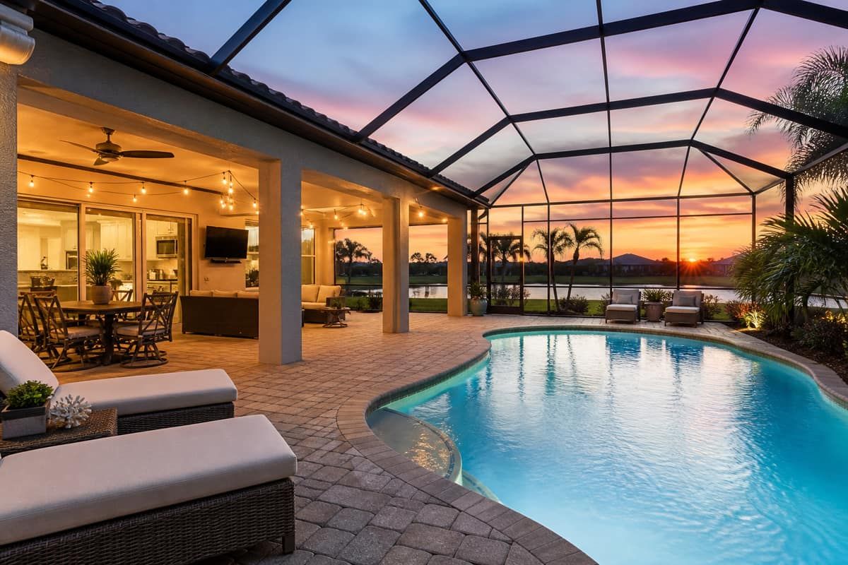 Florida lanai and pool deck at dusk