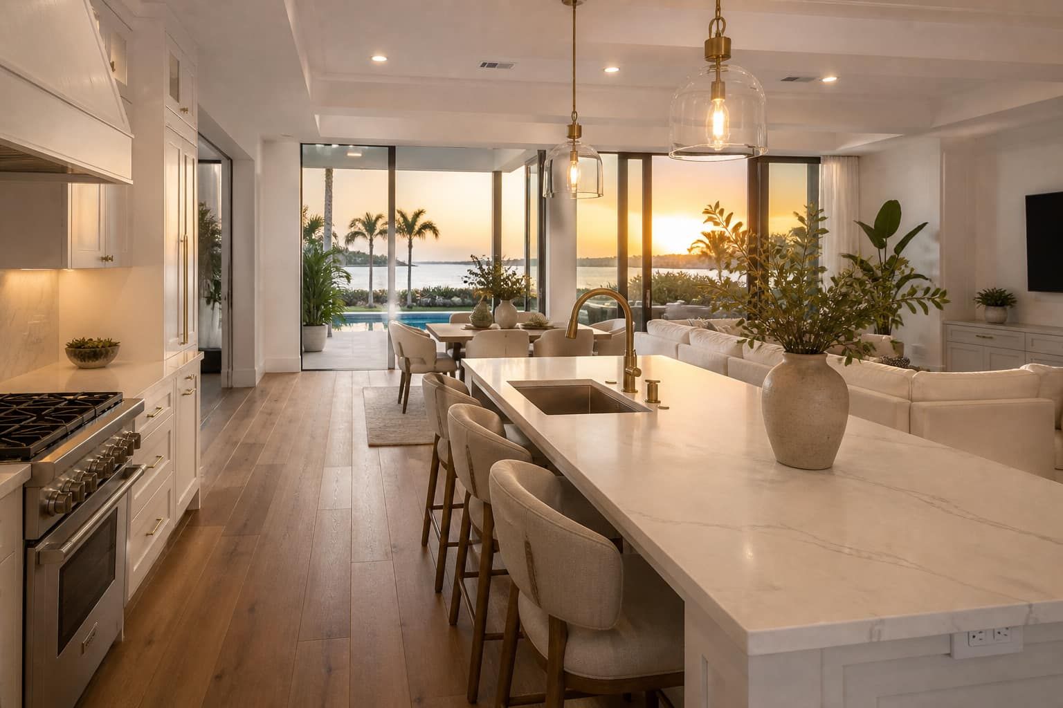 Bright, staged kitchen and great room ready for listing photos