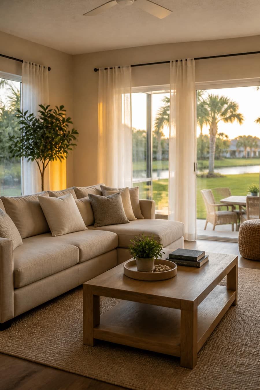 Staged living room with linen sofa and golden-hour light